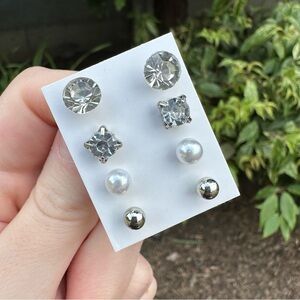 4 Pairs Silver Faux Diamond/Pearl Stud Earrings